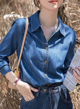 不卷边深蓝色软牛仔衬衫女秋冬季内搭叠穿衬衫小个子正肩上衣春装