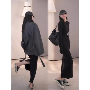 【棉磨毛】黑色2025早秋自信优雅后开叉连衣裙长袖棉质长裙