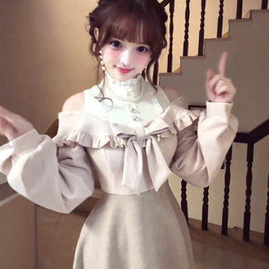 MLYD/定制 大码日系少女蝴蝶结拼接露肩连衣裙千金感假两件长裙子