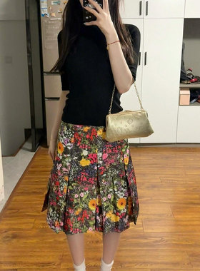 复古小众高级感优雅花丛印花百褶裙2025春夏新款修身显瘦半身裙女