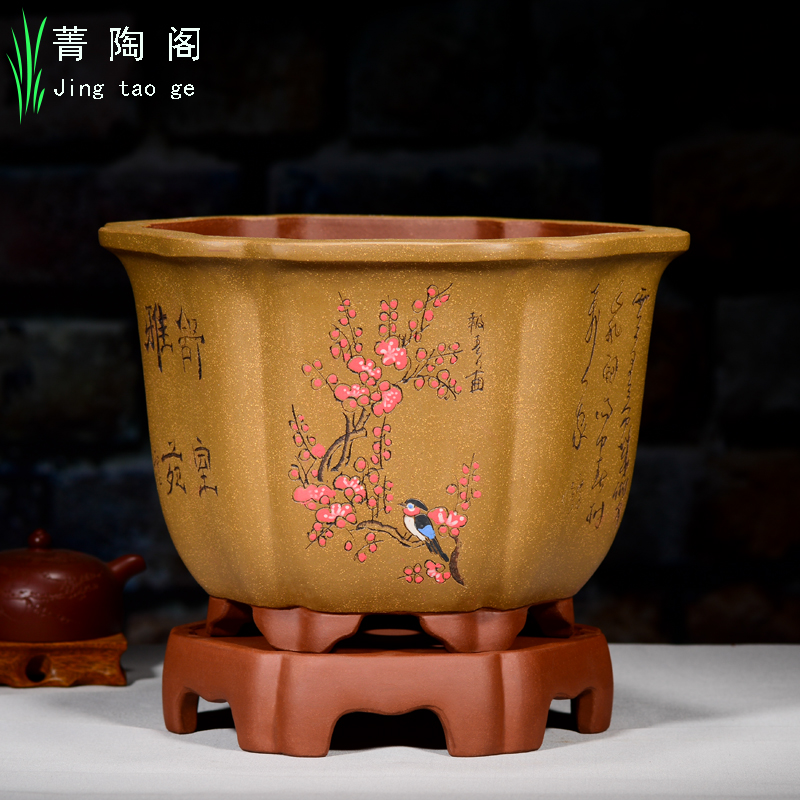 大口径紫砂花盆带托盘精品陶瓷盆兰花梅花老桩六方室内园艺盆景盆