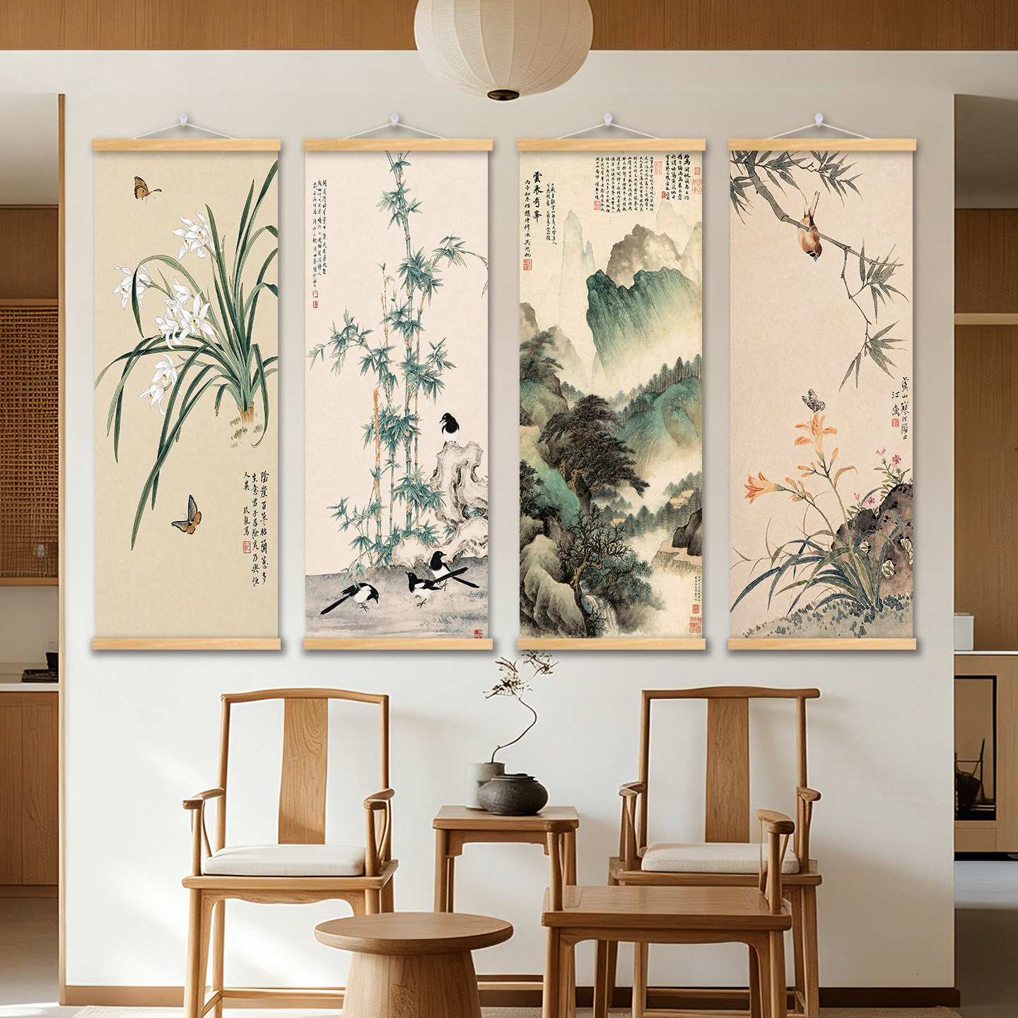 书房客厅宋式美学水墨工笔山水画仿古画名画卷轴挂画墙壁贴纸装饰