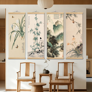 书房客厅宋式美学水墨工笔山水画仿古画名画卷轴挂画墙壁贴纸装饰