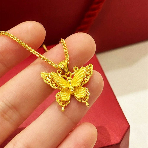 金丝羽碟项链女纯银镀黄金色镂空拉丝立体蝴蝶锁骨链国风新中式潮