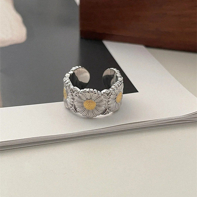 无钻雏菊戒指纯银925白金色光面对戒食戒开口调节男女情侣高级ins