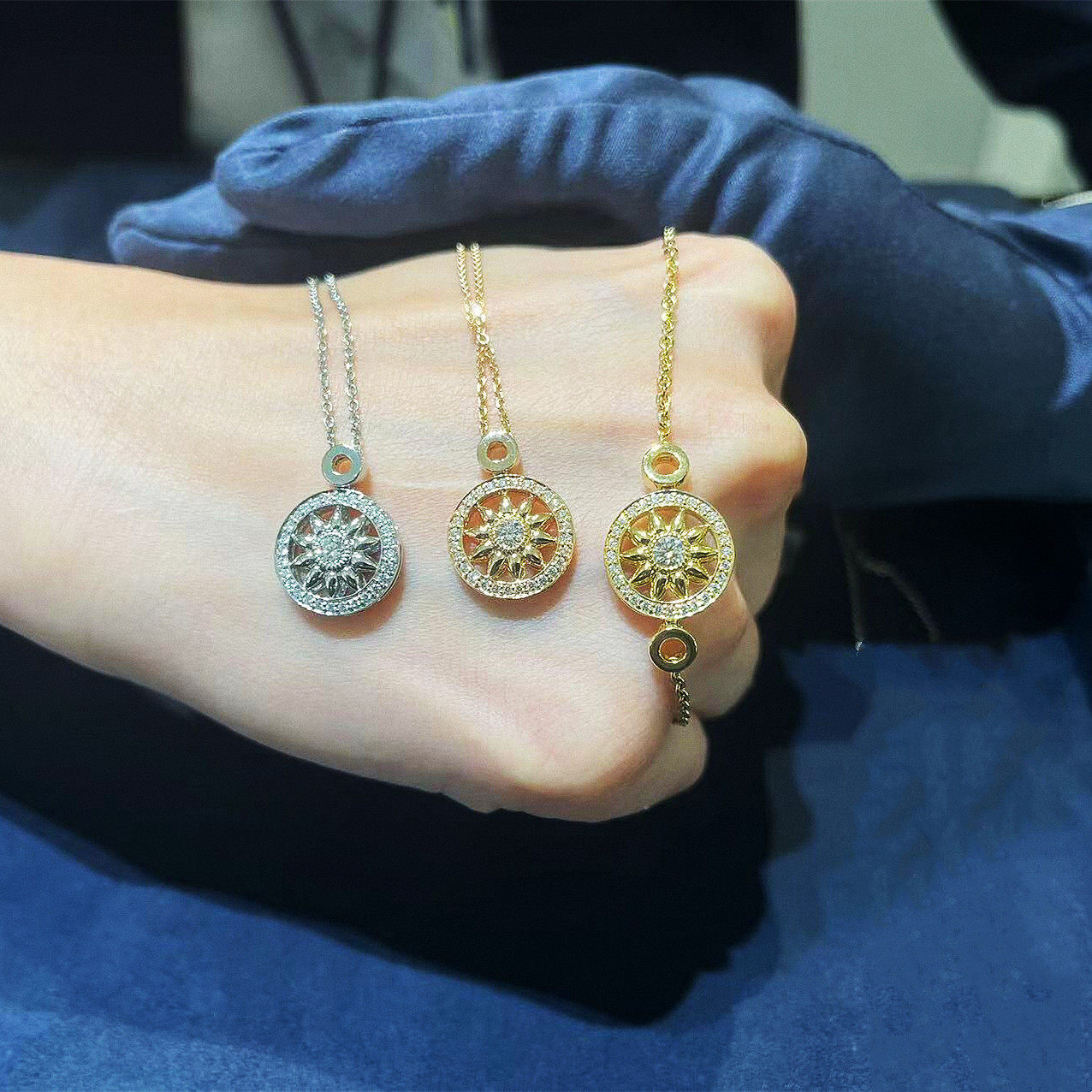 Gate太阳花项链 女纯银镀黄金色玫瑰金带钻圆形镂空吊坠锁骨链