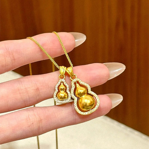 古法手工镶钻大小葫芦项链  女纯银18K黄金色时来运转福禄锁骨链