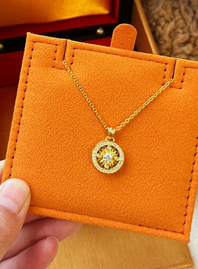 太阳图腾项链 女纯银镀18K黄金色镶钻圆牌太阳花锁骨链高级设计潮