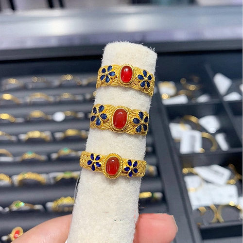 花丝龙凤华戒指 女纯银镀黄金色手工花丝珐琅指环新中式婚戒国风