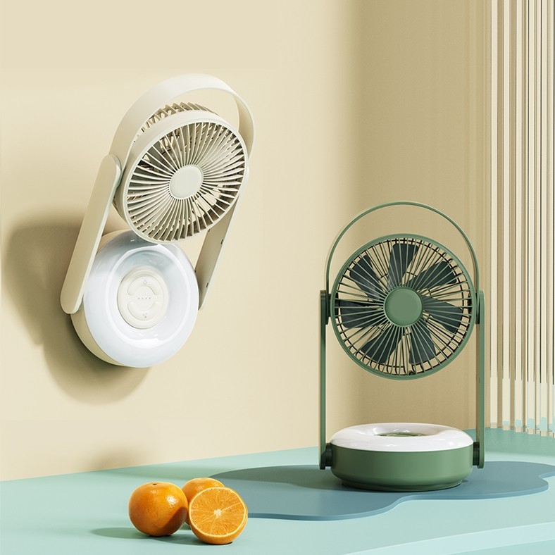 f62壁挂遥控小风扇充电桌面摇头电扇带灯三档户外露营手提小夜灯