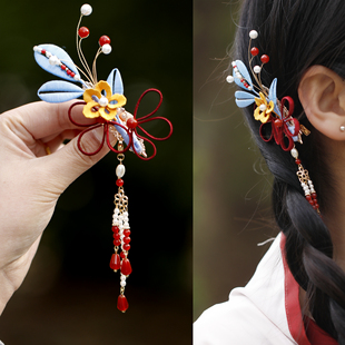 手工缠花流苏发夹新中式红色侧边夹汉服夹子新娘头饰苏马面裙发饰