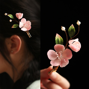 手工非遗绒花发夹饰品礼物粉色小边夹中式桃花发饰头饰侧边夹发卡