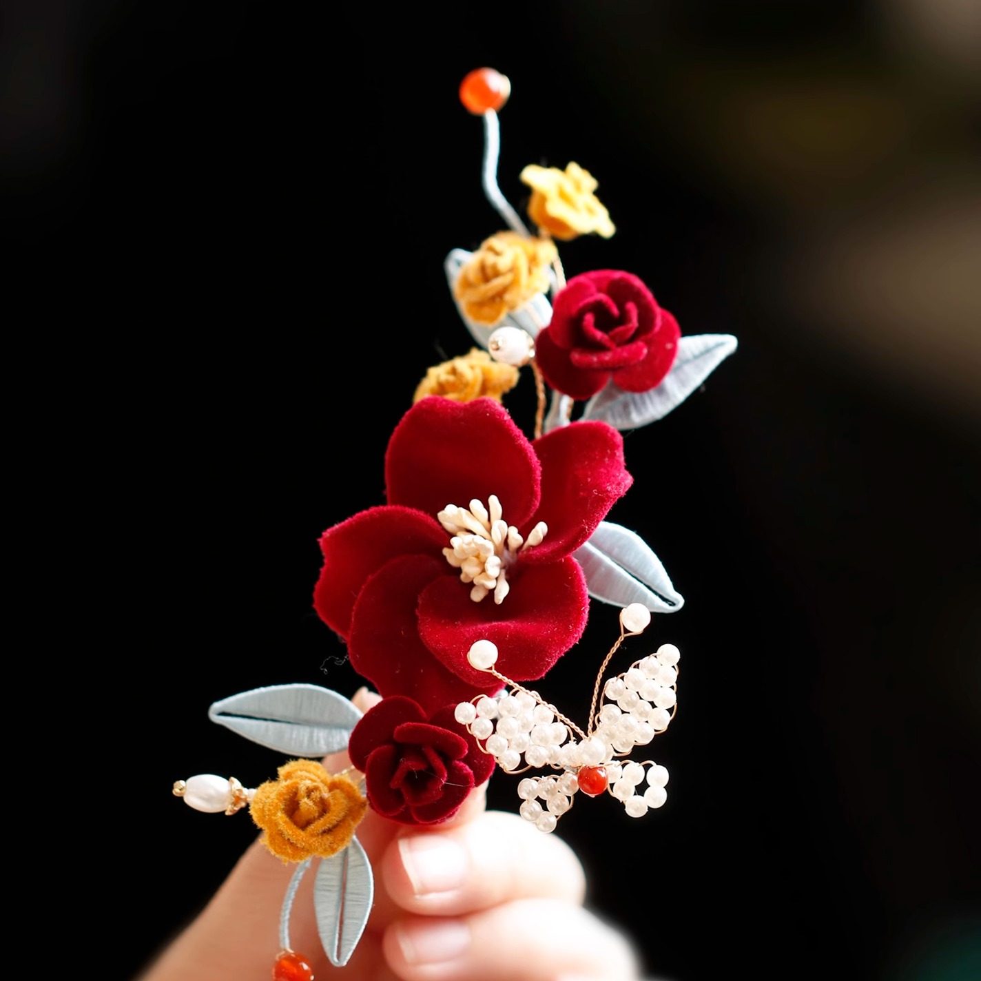 复古花朵新娘红色侧边发夹