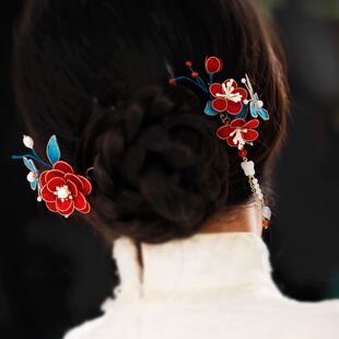 婚礼新娘手工掐丝布绒蝴蝶发夹中式丸子头盘发发簪头饰女汉服配饰