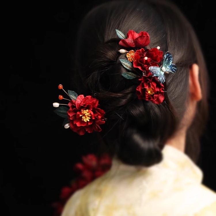 秀禾头饰清汉马面裙红色发夹套装