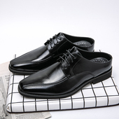 商务休闲拖鞋 黑色包头半拖鞋 夏季 透气无后跟皮鞋 男士 尖头外出男鞋