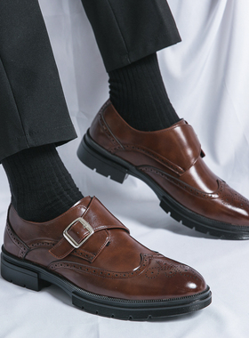 2025新款搭扣商务正装皮鞋男英伦办公德比鞋尖头孟克鞋青年婚礼鞋