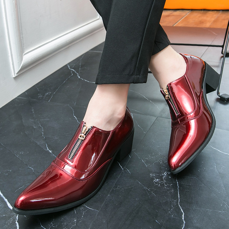 男士红色高跟皮鞋个性时尚宴会婚用尖头小皮鞋漆皮亮面发型师潮鞋