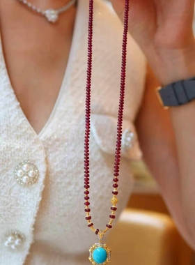 天然红宝石项链吊坠扣圆珠万能链一款多用毛衣链女款复古