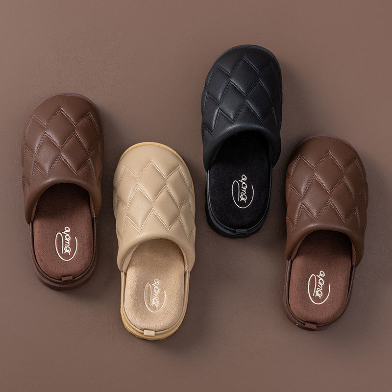 时尚菱形纹包头棉拖鞋男女居家外穿保暖防滑厚底勃肯拖鞋简约室内