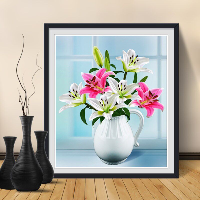 2024新款5D欧式花瓶钻石画百合竖版点贴钻十字绣卧室餐厅客厅满钻