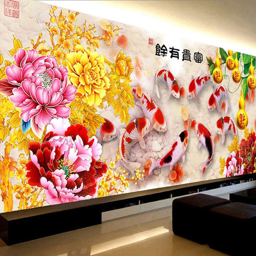 新款满钻牡丹花开富贵九鱼图贴钻