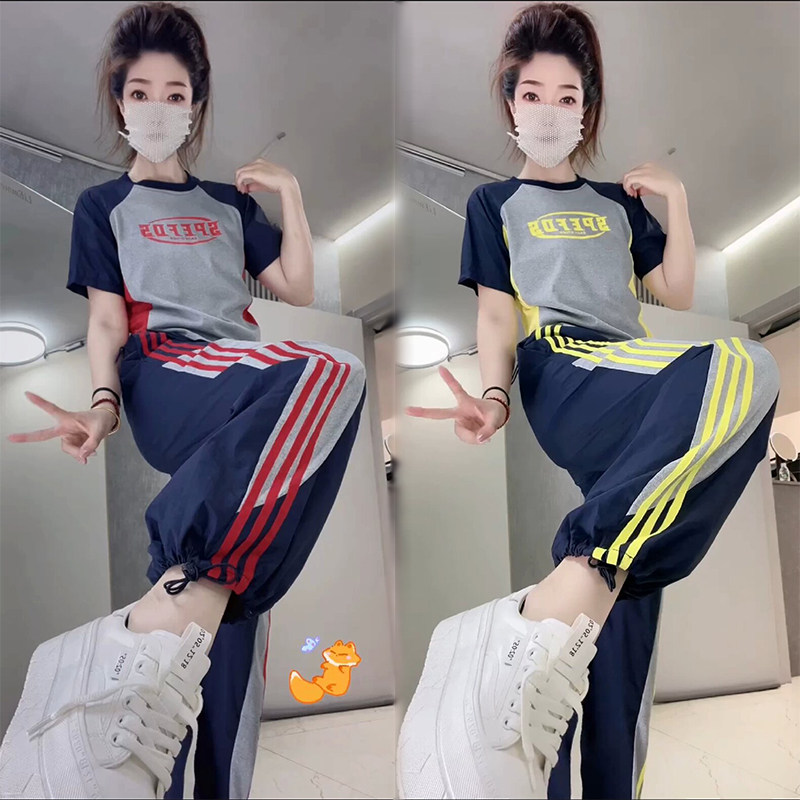 夏季女撞色条纹速干运动两件套