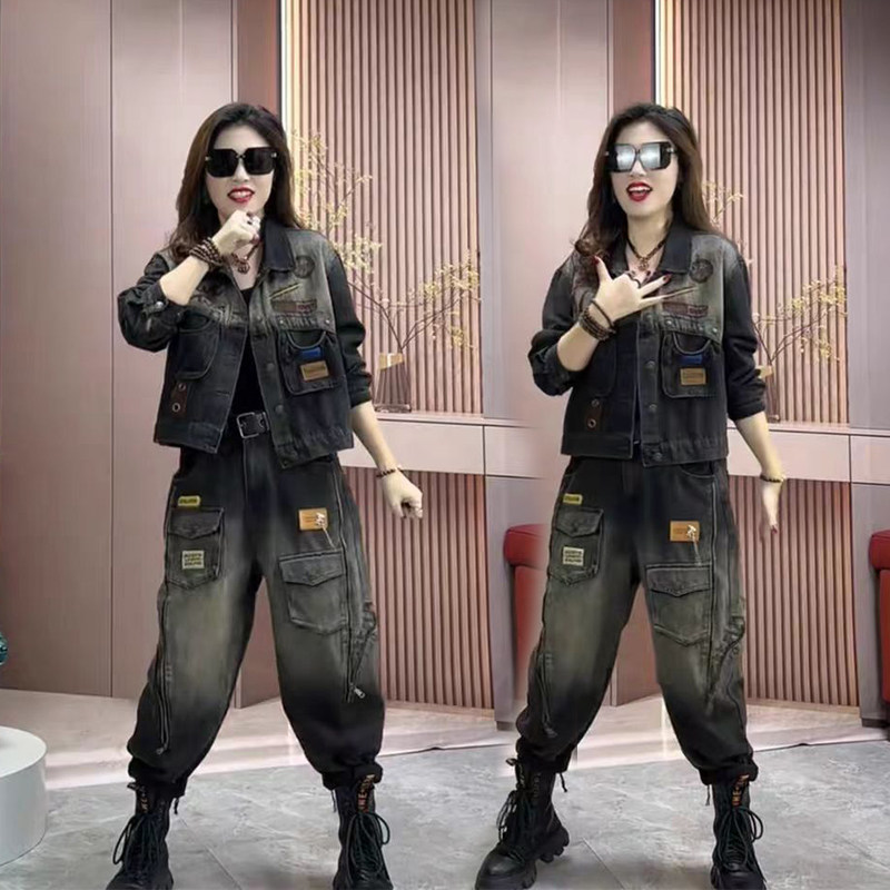 新款冬季2026新款女士加绒加厚牛仔套装开衫束腿裤两件套重工艺潮