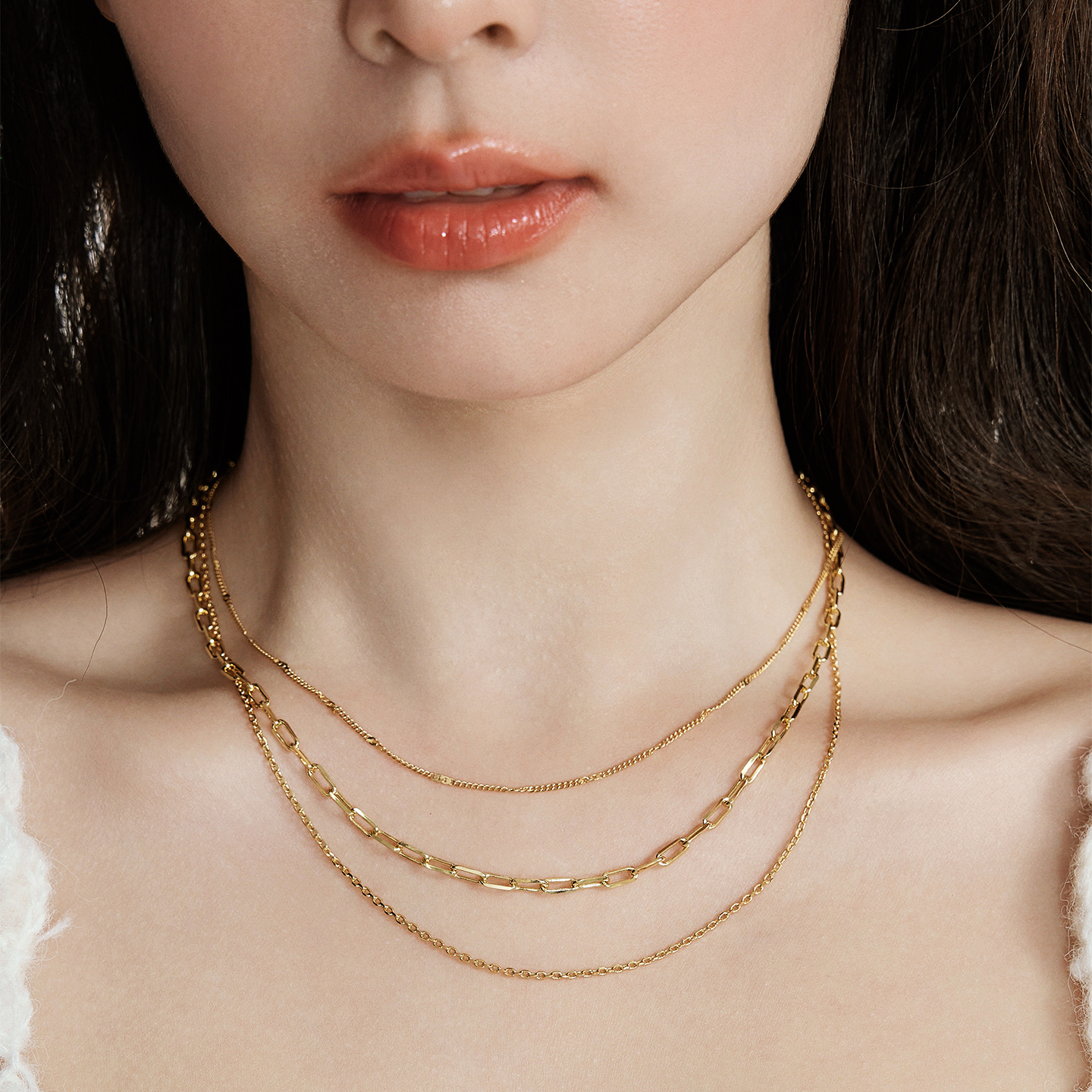 朝慕newmoon3层项链铜镀18k金锁骨链时髦轻奢小众多层叠戴项链女