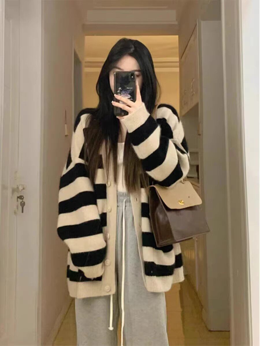 봄 출산 의류 봄과 가을 줄무늬 스웨터 재킷 중간 길이 대형 느슨한 게으른 스타일 니트 카디건 탑