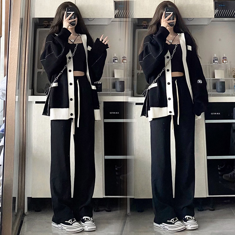 임부복 봄수트 봄 가을 니트 스웨터 가디건 여성용 스웨터 + 와이드 팬츠 투피스 세트 가을 겨울 자켓