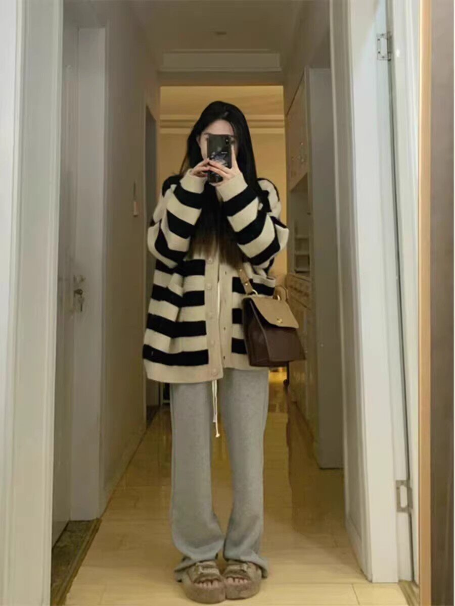 봄 출산 의류 봄과 가을 줄무늬 스웨터 재킷 중간 길이 대형 느슨한 게으른 스타일 니트 카디건 탑