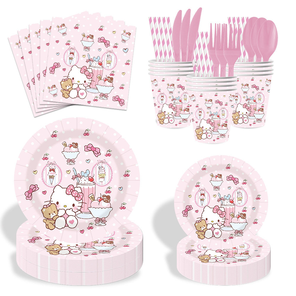 凯蒂猫派对粉色KT猫女孩儿童主题一次性纸盘餐具纸巾纸杯套装装饰