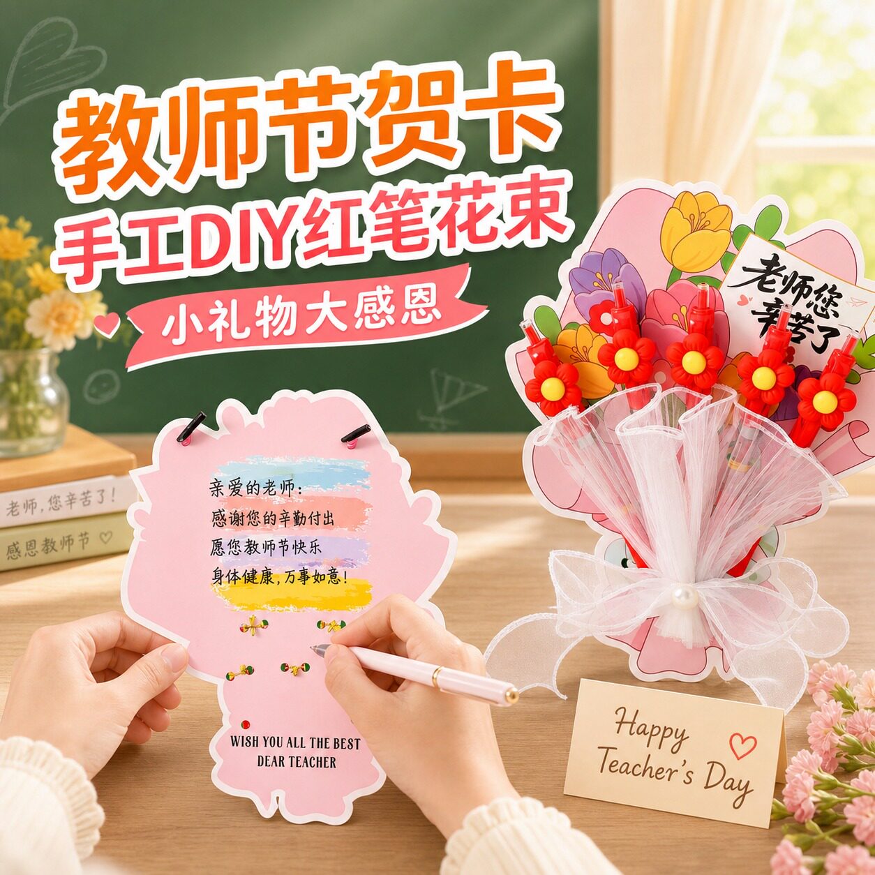 教师节贺卡片高级感实用红笔花束