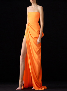 桔黄色晚礼服开叉长裙2025新款红毯走秀名媛派对主持人宴会连衣裙