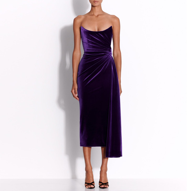 茄紫色小礼服中长裙时尚抹胸款2025新款个性派对女酒会年会连衣裙