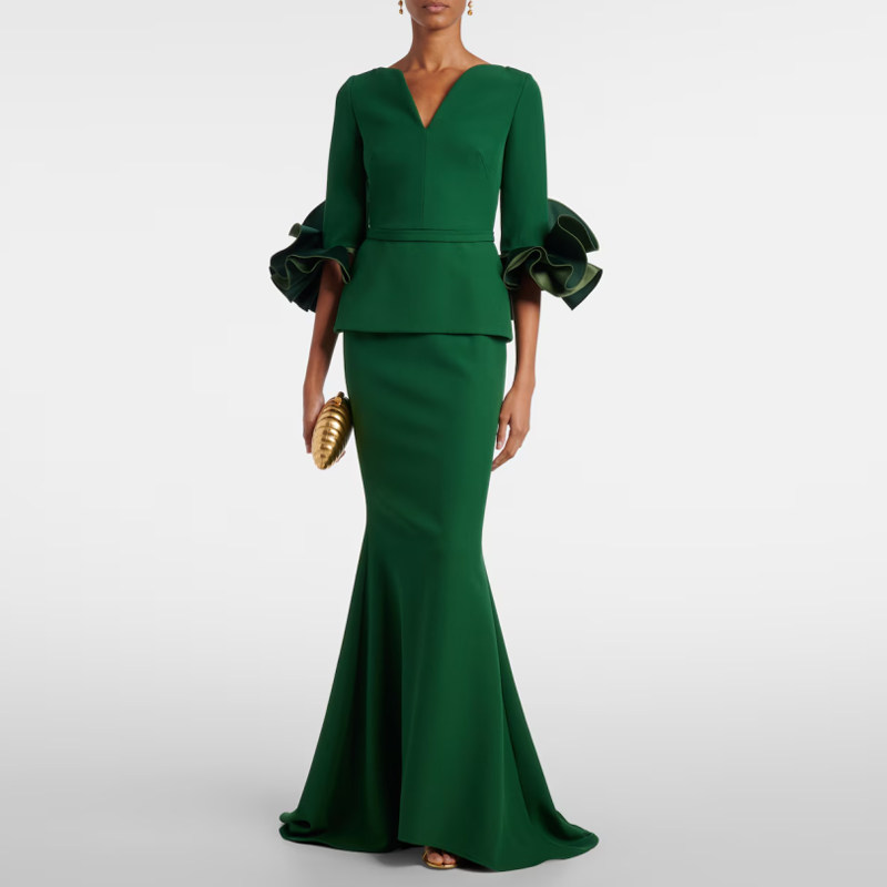 绿色晚礼服荷叶袖长裙2025新款高端大气年会宴会秋冬季连衣裙时尚