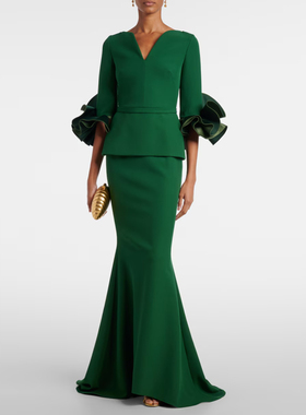 绿色晚礼服荷叶袖长裙2025新款高端大气年会宴会秋冬季连衣裙时尚