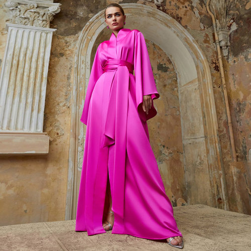 玫红色优雅长款晚礼服