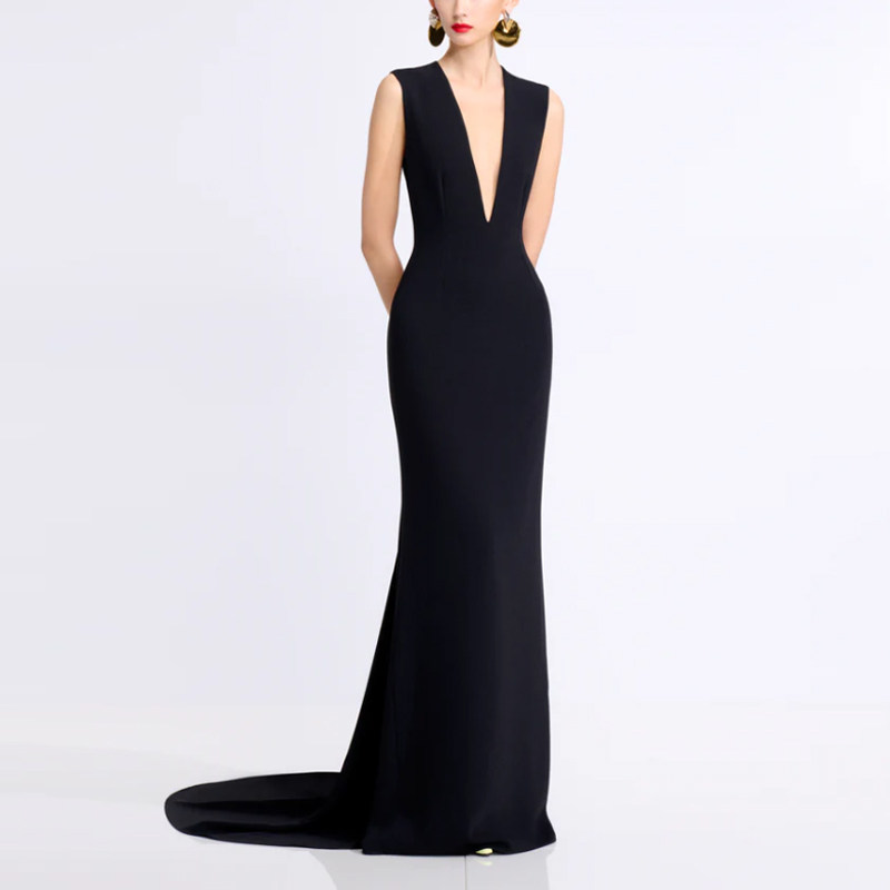 低开胸晚礼服性感小拖尾鱼尾长裙2026新款走秀红毯新娘敬酒服高级