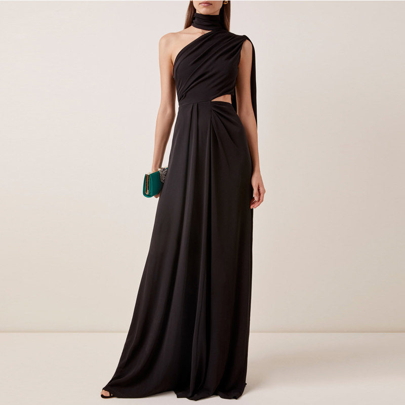 显瘦晚礼服女装2025新款性感露腰雪纺长款年会斜肩派对连衣裙黑裙