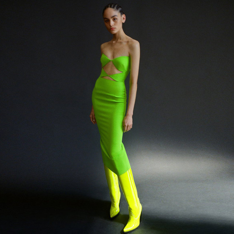 果绿色时尚质感抹胸修身小礼服裙