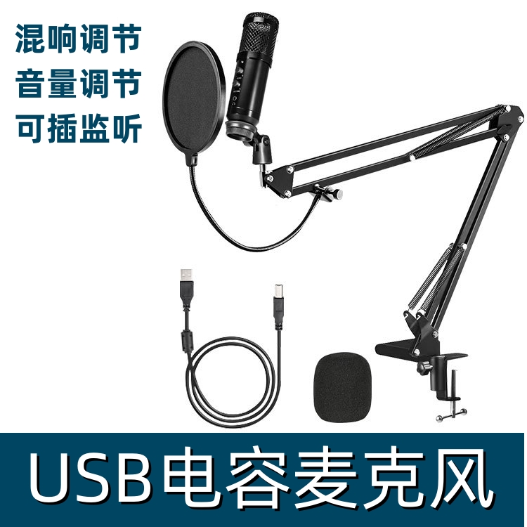 USB电容克风电脑录音主播游戏语音配音网课话筒内置声卡混响
