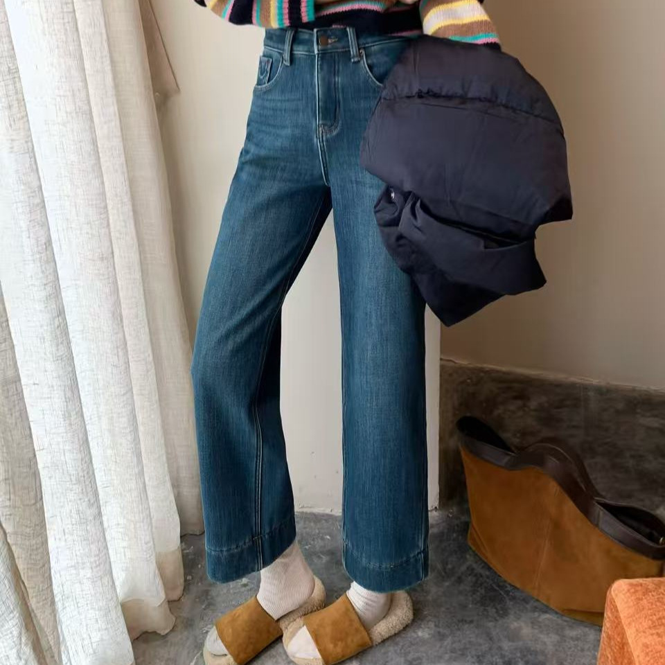 冬款TOP欧制广州十三行韩版高弹力简约九分直筒裤牛仔裤61635复合