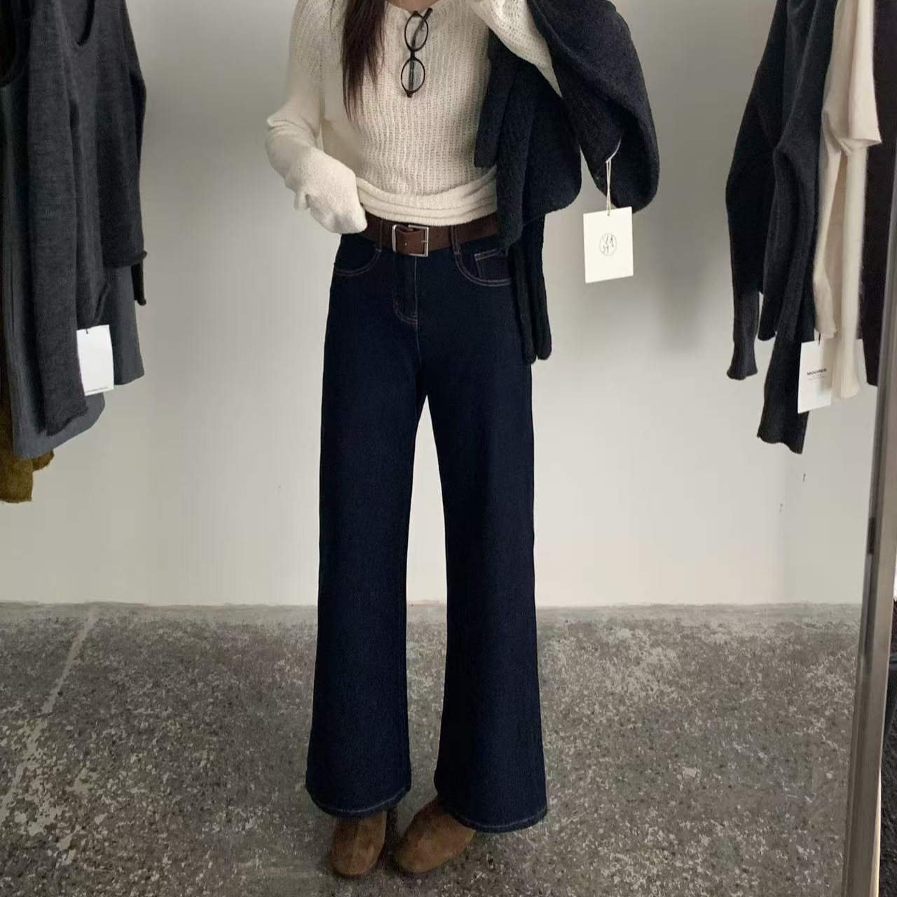 十三行TOP欧制冬季防褪色面料韩版筒喇裤牛仔裤配腰带5758植绒