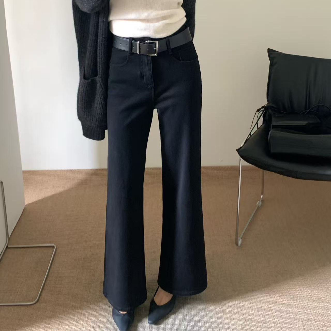 冬款TOP欧制广州十三行韩版百搭植绒四面弹筒喇牛仔裤配腰带5758