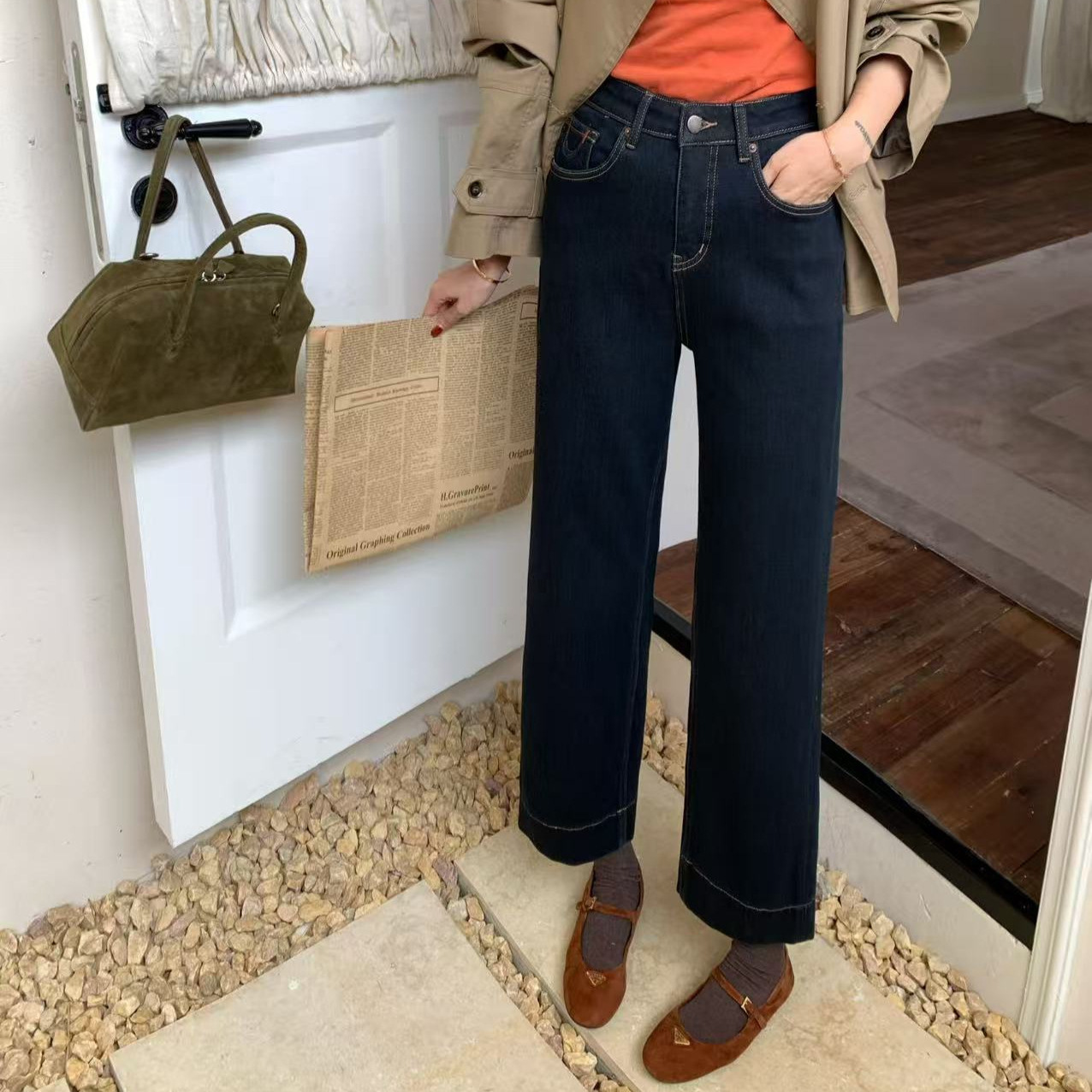 十三行TOP欧制冬款加绒韩版百搭四面弹九分直筒裤牛仔裤 61635