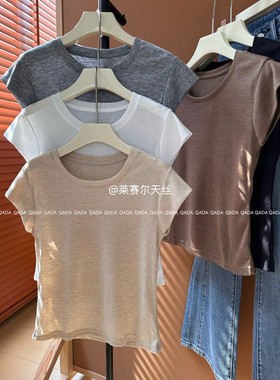 J54天丝莱赛尔混纺女士小飞袖背心宽肩圆领T恤百搭上衣夏款女装