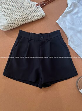 A43简约纯色高腰西装休闲裤女韩版通勤百搭黑色阔腿短裤