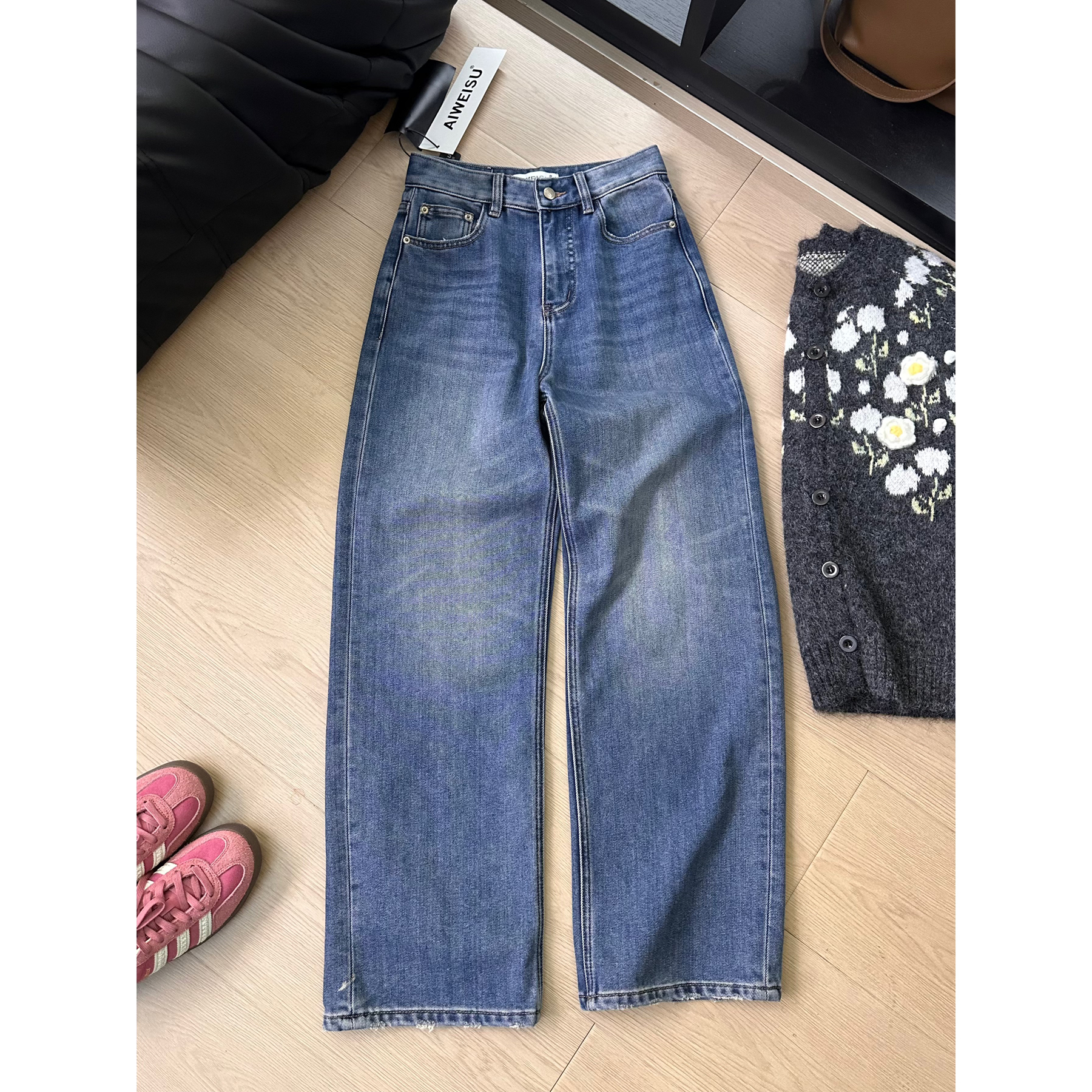 Q96复古阔腿磨毛牛仔裤女秋冬新款加厚高腰显瘦直筒休闲拖地长裤